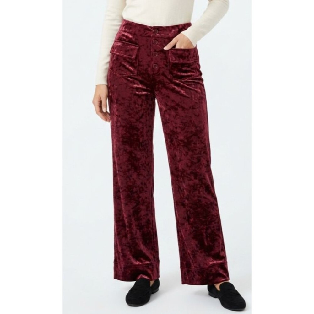 Halara Velvet Straight Leg Pants L Petite NWT Burgundy High Waist Button Pocket